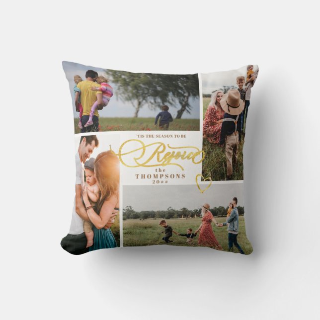 Elegant Rejoice Gold Christmas Four Photo Collage Throw Pillow (Front)