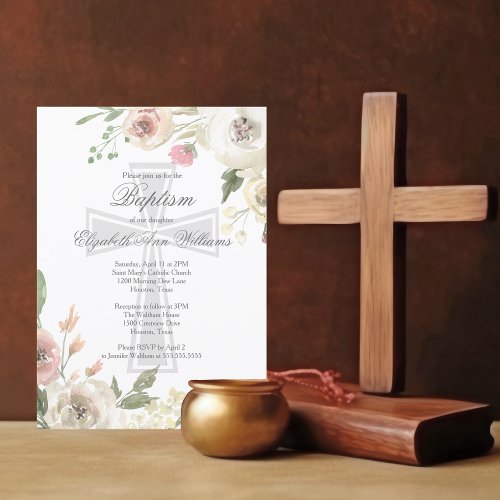 Elegant Religious Baptism Ceremony Pink Floral Invitation