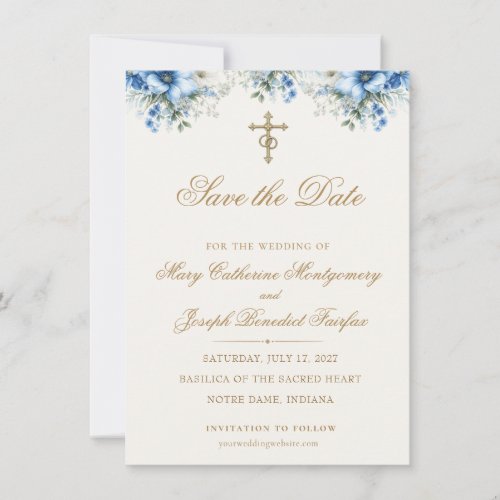 Elegant religious blue floral gold cross wedding  save the date