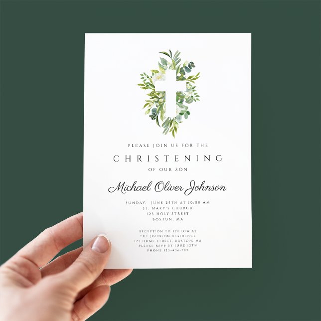 Elegant Religious Botanical Cross Christening Invitation (Creator Uploaded)