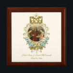 Elegant Religious Catholic Mary Joseph Wedding Gift Box<br><div class="desc">This is a beautiful traditional Catholic religious mage of the Blessed Virgin Mary and St. Joseph on their wedding day inlaid in a vintage golden floral frame. The inside has an elegant gold crucifix with wedding rings overlaid on blue forget-me-nots. All text and fonts may be modified to suit the...</div>