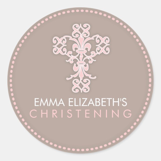 Elegant Religious Celebration Cross in Pink Classic Round Sticker (Front)