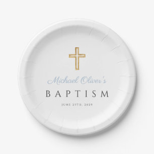 Elegant Religious Cross Baby Blue Script Baptism Paper Plates