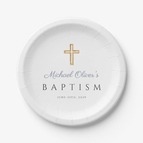 Elegant Religious Cross Blue Boy Baptism Paper Plates
