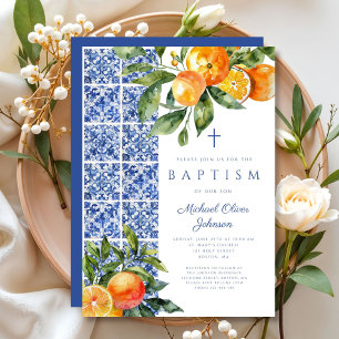 Elegant Religious Cross Blue Tiles Baptism Invitation