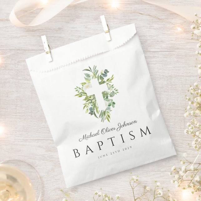 Elegant Religious Cross Botanical Baptism  Favor Bag (Clipped)