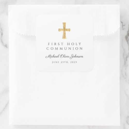Elegant Religious Cross Boy First Communion  Square Sticker