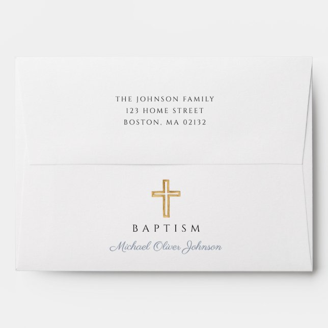 Elegant Religious Cross Dusty Blue Boy Baptism Envelope (Back (Top Flap))