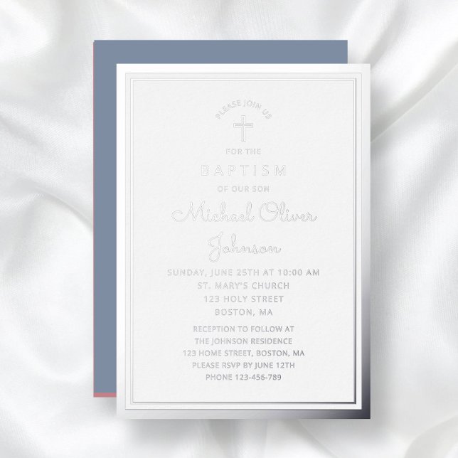 Elegant Religious Cross Dusty Blue Boy Baptism Foil Invitation (Elegant Religious Cross Dusty Blue Boy Baptism Foil Invitation)