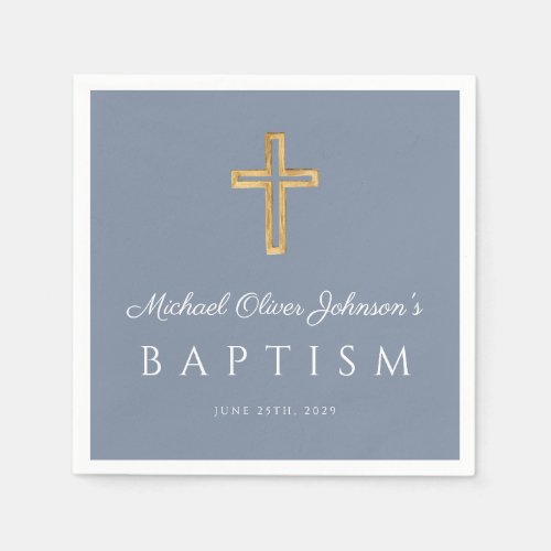 Elegant Religious Cross Dusty Blue Boy Baptism Napkins