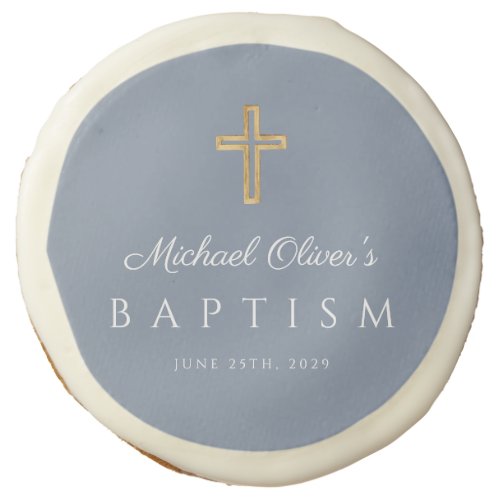 Elegant Religious Cross Dusty Blue Boy Baptism Sugar Cookie