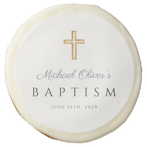 Elegant Religious Cross Dusty Blue Boy Baptism Sugar Cookie