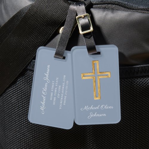 Elegant Religious Cross Dusty Blue Script Luggage Tag