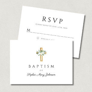 Elegant Religious Cross Floral Baptism RSVP Card