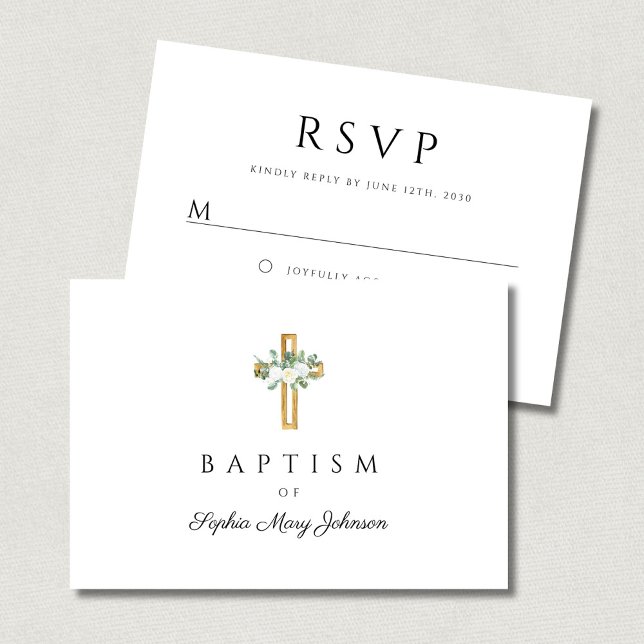 Elegant Religious Cross Floral Baptism  RSVP Card (Elegant Religious Cross Floral Baptism RSVP Card)