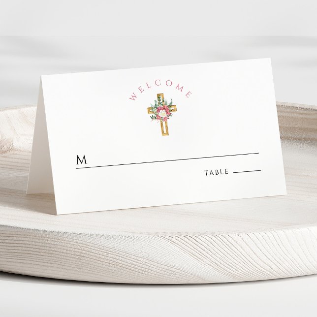 Elegant Religious Cross Floral First Communion Place Card (Front - Elegant Religious Cross Floral First Communion Place Card)