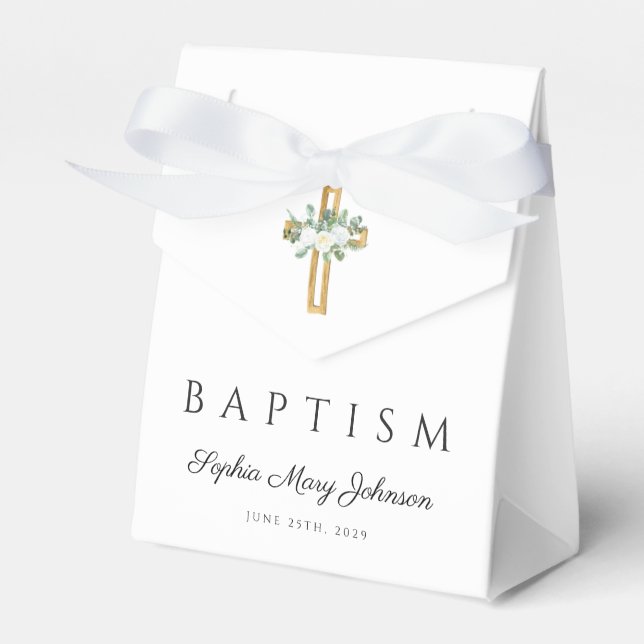 Elegant Religious Cross Floral Peonies Baptism Favor Boxes (Front Side)