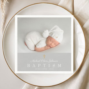 Elegant Religious Cross Gray Photo Baptism Napkins