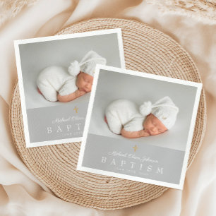 Elegant Religious Cross Gray Photo Baptism Napkins