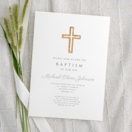 Elegant Religious Cross Gray Script Boy Baptism Invitation