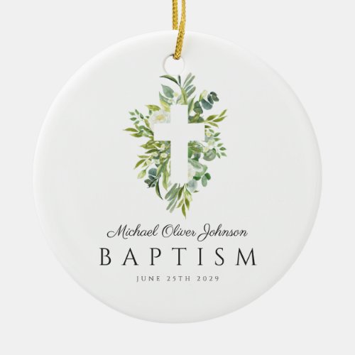 Elegant Religious Cross Green Botanical Baptism Ceramic Ornament