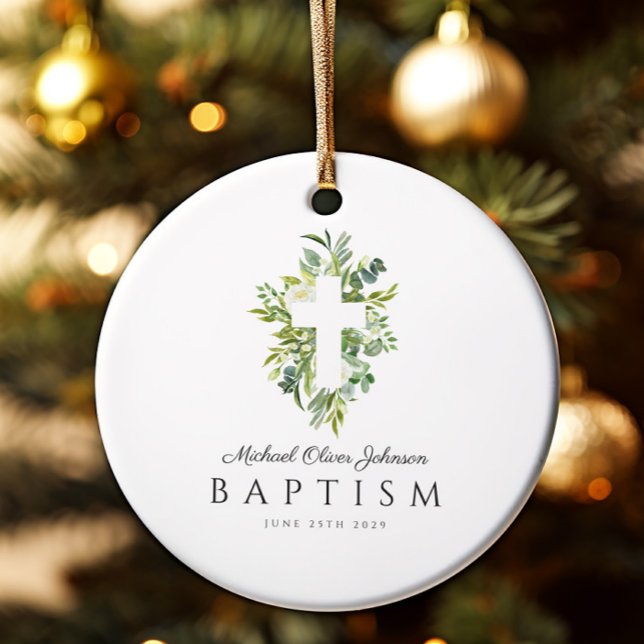 Elegant Religious Cross Green Botanical Baptism Ceramic Ornament (Elegant Religious Cross Green Botanical Baptism Ceramic Ornament)