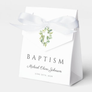 Elegant Religious Cross Green Botanical Baptism Favor Boxes