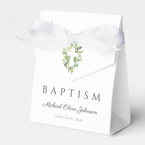 Elegant Religious Cross Green Botanical Baptism Favor Boxes