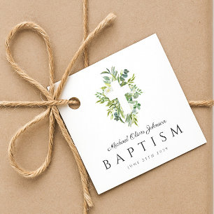 Elegant Religious Cross Green Botanical Baptism Favor Tags