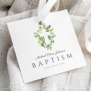 Elegant Religious Cross Green Botanical Baptism Favor Tags