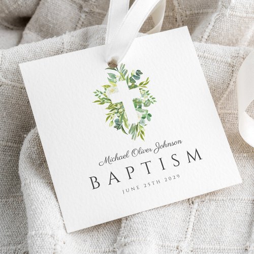 Elegant Religious Cross Green Botanical Baptism Favor Tags