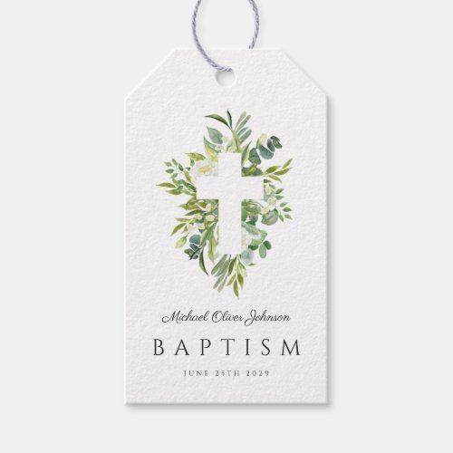 Elegant Religious Cross Green Botanical Baptism Gift Tags
