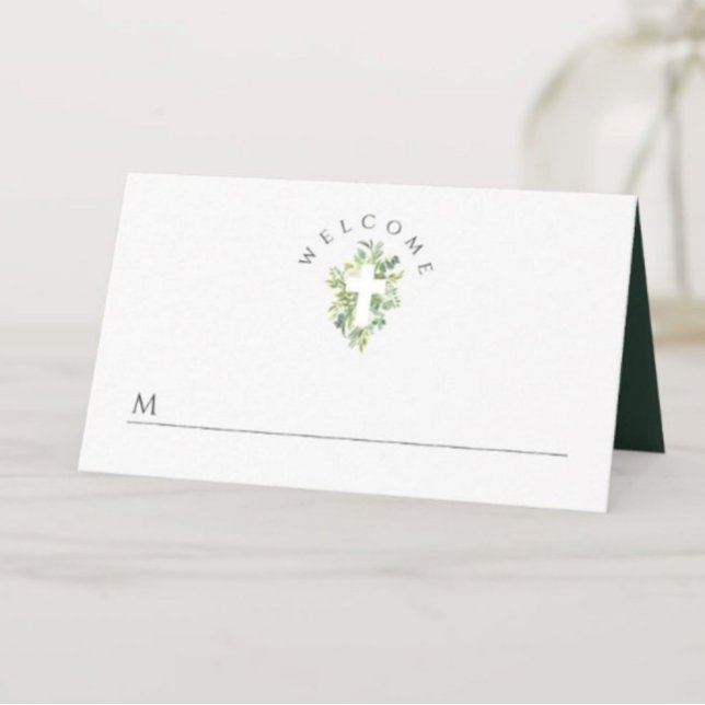 Elegant Religious Cross Green Botanical Baptism Place Card (Elegant Religious Cross Green Botanical Baptism Place Card)
