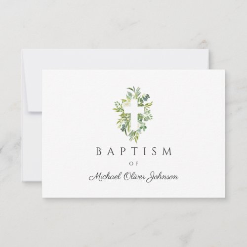 Elegant Religious Cross Green Botanical Baptism  RSVP Card
