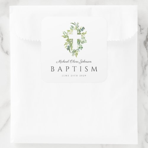 Elegant Religious Cross Green Botanical Baptism  Square Sticker