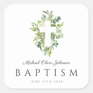 Elegant Religious Cross Green Botanical Baptism Square Sticker