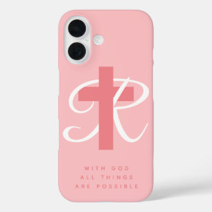 Elegant religious cross name monogram coral pink iPhone 16 case