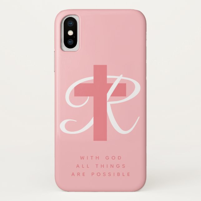 Elegant religious cross name monogram coral pink Case-Mate iPhone case (Back)