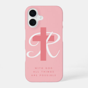 Elegant religious cross name monogram coral pink iPhone 16 case