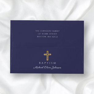 Elegant Religious Cross Navy Blue Boy Baptism Envelope