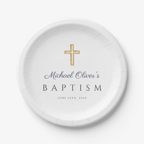 Elegant Religious Cross Navy Blue Boy Baptism Paper Plates