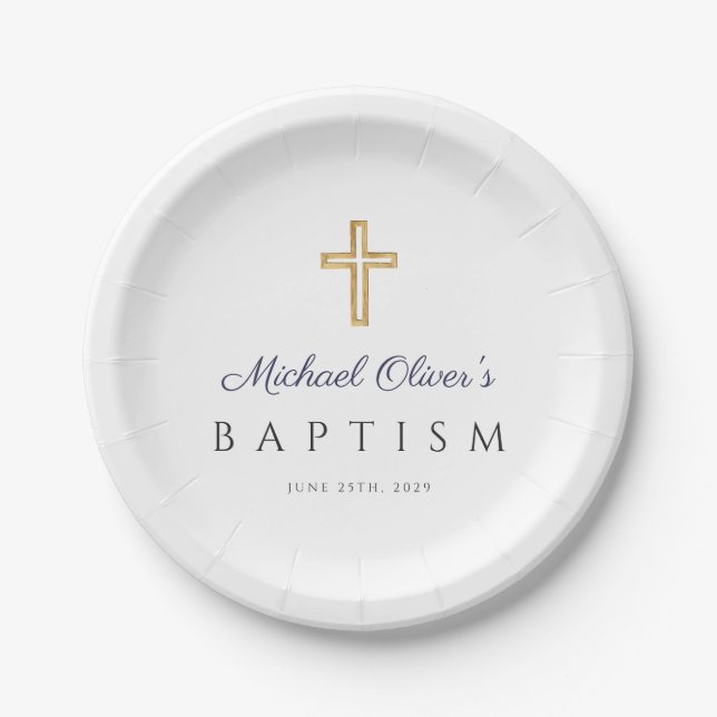 Elegant Religious Cross Navy Blue Boy Baptism Paper Plates (Front)
