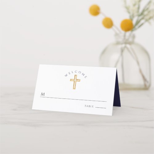 Elegant Religious Cross Navy Blue Boy Baptism Place Card