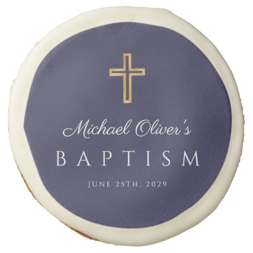 Elegant Religious Cross Navy Blue Boy Baptism Sugar Cookie