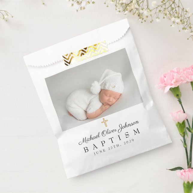 Elegant Religious Cross Photo Baptism Favor Bag (Sealed)