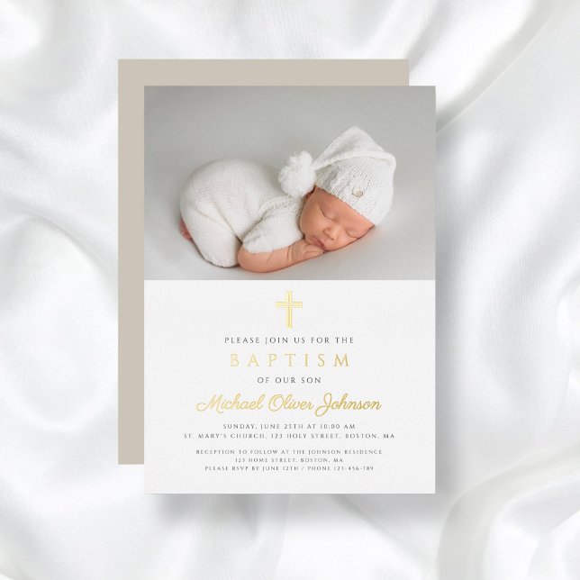 Elegant Religious Cross Photo Baptism Gold Foil Invitation (Elegant Religious Cross Photo Baptism Gold Foil Invitation)