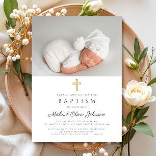 Elegant Religious Cross Photo Baptism Invitation