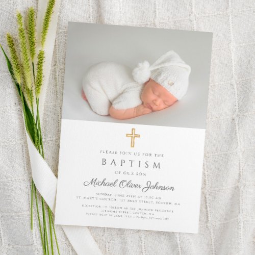 Elegant Religious Cross Photo Baptism Invitation