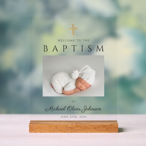 Elegant Religious Cross Photo Boy Baptism Welcome Acrylic Sign