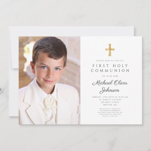 Elegant Religious Cross Photo Boy First Communion Invitation
